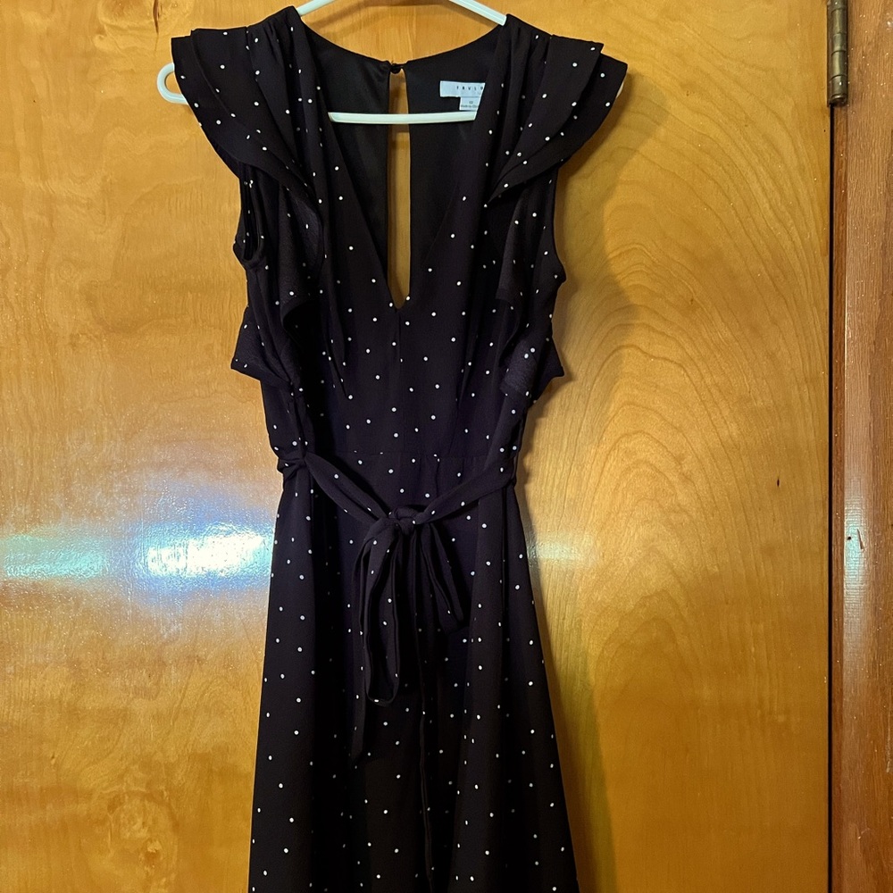 Black with white polka dot v-neck ruffle sleeve tie dress